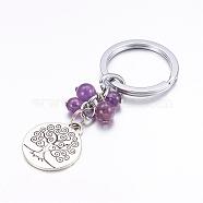 Alloy Keychain, with Amethyst Beads, Flat Round with Tree of Life, 89mm(KEYC-JKC00144-03)