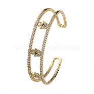 Cubic Zirconia Hamsa Hand Open Cuff Bangle, Real 18K Gold Plated Brass Jewelry for Women, Blue, Inner Diameter: 2-3/8 inch(5.9cm)(BJEW-N012-039)