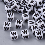 White Opaque Acrylic Beads, Horizontal Hole, Cube with Black Alphabet, Letter.W, 4~5x4~5x4~5mm, Hole: 1.8mm, about 6470~6500pcs/500g(MACR-R869-02W)