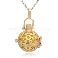Golden Tone Brass Hollow Round Cage Pendants, with No Hole Spray Painted Brass Ball Beads, Gold, 35x25x21mm, Hole: 3x8mm(KK-J232-05G)