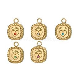304 Stainless Steel Rhinestone Pendants, Rectangle with Heart Charms, Ion Plating(IP), Mirror Polished Finish, Real 18K Gold Plated, Mixed Color, 16x13mm(STAS-OY015-38G)