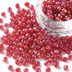 Round Glass Seed Beads, Transparent Colours Rainbow, Round, Red, 4mm(SEED-A007-4mm-165)