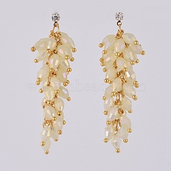 Electroplate Glass Cluster Beads Dangle Stud Earrings, with Brass Cubic Zirconia Stud Earring Findings and Ear Nuts, Earring Backs, Real 18K Gold Plated, Light Goldenrod Yellow, 55mm, Pin: 0.7mm(EJEW-JE03824-01)