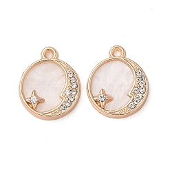 Alloy Acrylic Pendants with Rhinestone, Flat Round with Moon & Star, Light Gold, 17x14x2.5mm, Hole: 1.4mm(FIND-R147-07G)
