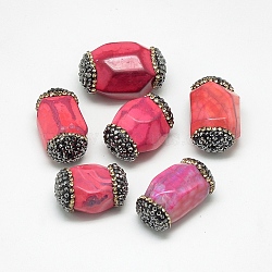 Natural Fire Crackle Agate Beads, with Rhinestone, Dyed, Faceted, Oval, Deep Pink, 24~29x15~19x14~18mm, Hole: 1mm(G-Q982-D04)