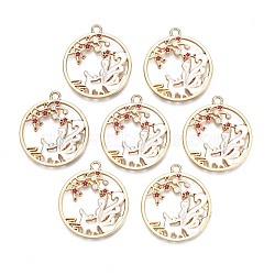 Rack Plating Alloy Enamel Pendants, Cadmium Free & Nickel Free & Lead Free, Light Gold, Fox, White, 30x27x1.5mm, Hole: 2mm(ENAM-N055-078)