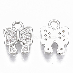 Brass Micro Pave Clear Cubic Zirconia Charms, Nickel Free, Bowknot, Real Platinum Plated, 10x7.5x1.8mm, Hole: 1.4mm(KK-R126-003P-NF)