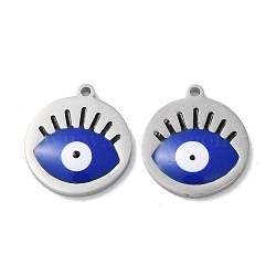 304 Stainless Steel Pendants, with Enamel, Flat Round with Evil Eye Pattern, Stainless Steel Color, 17x15x1.5mm, Hole: 1.2mm(STAS-C083-16P-01)