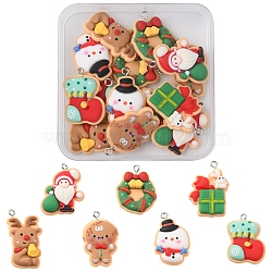14Pcs 7 Styles Christmas Theme Opaque Resin Pendants, with Platinum Tone Iron Loops, Snowman & Reindeer & Santa Claus, Mixed Shapes, Mixed Color, 26~31x18~22x5~6.5mm, Hole: 2mm, 2pcs/style(FIND-FS0001-51)