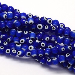 Handmade Evil Eye Lampwork Round Bead Strands, Blue, 6mm, Hole: 1mm, about 65pcs/strand, 14.17 inch(X-LAMP-L055-6mm-06)