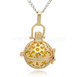 Golden Tone Brass Hollow Round Cage Pendants, with No Hole Spray Painted Brass Ball Beads, Gold, 35x25x21mm, Hole: 3x8mm(KK-J232-05G)