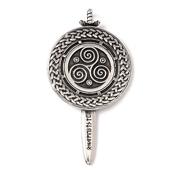 304 Stainless Steel Pendants, Flat Round with Sword, Antique Silver, 75x40.5x5mm, Hole: 5.5mm