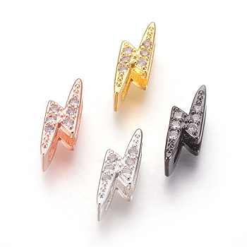 Brass Micro Pave Cubic Zirconia Slide Charms, Lead Free & Cadmium Free & Nickel Free, Long-Lasting Plated, Lightning Bolt, Clear, Mixed Color, 12.5x4x4.5mm, Hole: 1.5x10mm