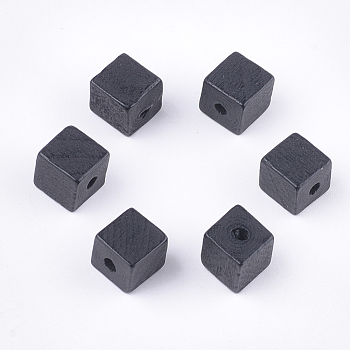 Painted Natural Wood Beads, Cube, Black, 10x10x10mm, Hole: 2mm
