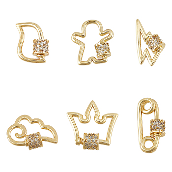 Brass Micro Pave Clear Cubic Zirconia Screw Carabiner Lock Charms, for Necklaces Making, Long-Lasting Plated, Mixed Shapes, Real 18K Gold Plated, 6pcs/box