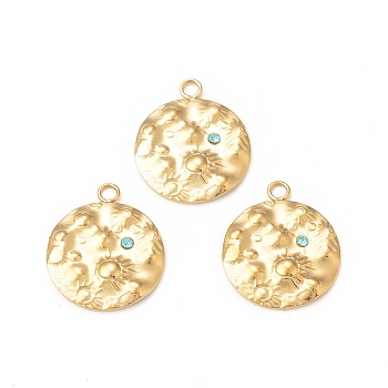 304 Stainless Steel Rhinestone Pendants, Textured, Flat Round Charm, Real 18K Gold Plated, 18x15x2mm, Hole: 1.8mm