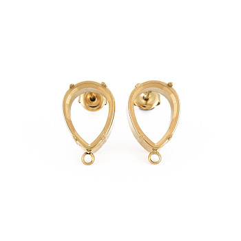 Ion Plating(IP) 304 Stainless Steel Stud Earring Findings, Earring Setting for Rhinestone, with Ear Nuts and Loop, Teardrop, Real 14K Gold Plated, 24x12mm, Hole: 1.8mm, Pin: 0.7mm, Tray: 10x14mm