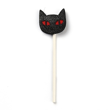Felt Cloth & Paper Cat Cake Insert Card Decoration, with Bamboo Stick, for Halloween Cake Decoration, Black, 100mm