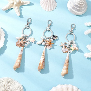3Pcs Opaque Acrylic Imitation Shell & Synthetic Turquoise Keychain, with Alloy Swivel Clasps Lanyard Snap Hook, Platinum, Marine Theme, Mixed Color, 147.5mm