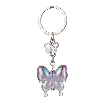 Glass & Acrylic Butterfly Keychain, with Iron Keychain Ring, Medium Purple, 8.5cm