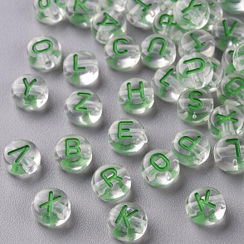 Transparent Clear Acrylic Beads, Horizontal Hole, Flat Round with Random Letter, Sea Green, 7x4mm, Hole: 1.6mm, about 3700pcs/500g