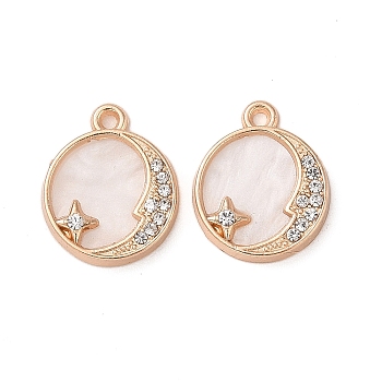 Alloy Acrylic Pendants with Rhinestone, Flat Round with Moon & Star, Light Gold, 17x14x2.5mm, Hole: 1.4mm