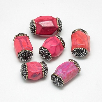 Natural Fire Crackle Agate Beads, with Rhinestone, Dyed, Faceted, Oval, Deep Pink, 24~29x15~19x14~18mm, Hole: 1mm