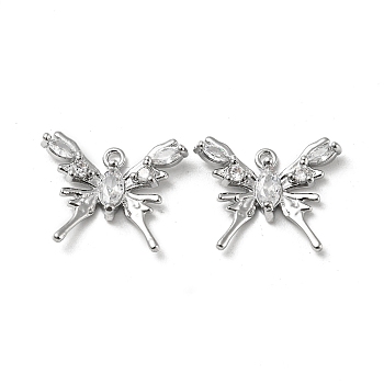 Brass Micro Pave Cubic Zirconia Pendants, with Glass, Butterfly Charms, Real Platinum Plated, 15x18x3mm, Hole: 1.4mm