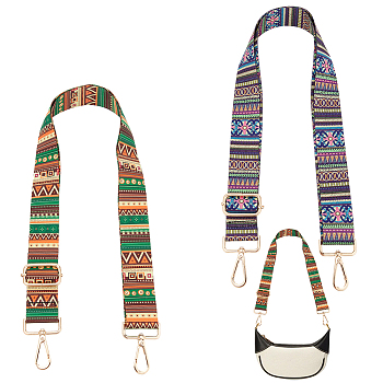 WADORN 2Pcs 2 Colors Ethnic Style Canvas Adjustable Bag Handles, with Alloy Swivel Clasps, for Bag Straps Replacement Accessories, Mixed Color, 140x3.8x0.1cm, 1pc/color