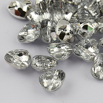 1-Hole Taiwan Acrylic Rhinestone Heart Buttons, Faceted & Silver Plated Pointed Back, White, 30x30x12mm, Hole: 2mm