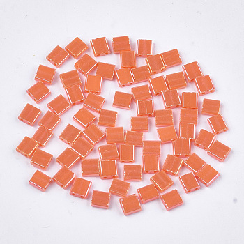 2-Hole Opaque Glass Seed Beads, Lustered, Rectangle, Coral, 5x4.5~5.5x2~2.5mm, Hole: 0.5~0.8mm