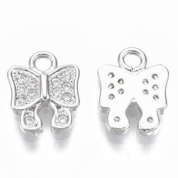 Brass Micro Pave Clear Cubic Zirconia Charms, Nickel Free, Bowknot, Real Platinum Plated, 10x7.5x1.8mm, Hole: 1.4mm