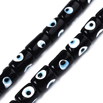 Handmade Evil Eye Lampwork Beads, Column, Black, 14x10mm, Hole: 1.2mm, about 25pcs/strand, 13.98 inch(35.5cm)