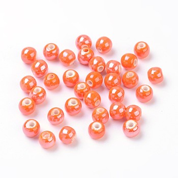 Pearlized Handmade Porcelain Round Beads, Coral, 6mm, Hole: 1.5mm