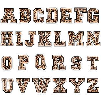 Leopard Print Pattern Computerized Embroidery Polyester Iron on/Sew on Patches, Costume Accessories, Appliques, Alphabet, Letter A~Z, 60~64x42~73x1.5mm, 26pcs/set