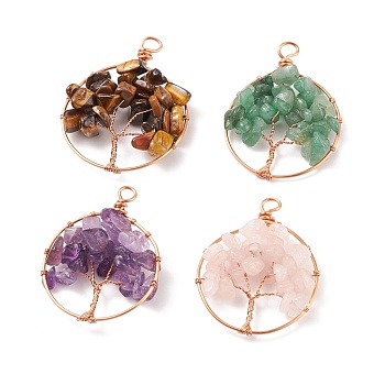 Natural Gemstone Chip Pendants, with Champagne Gold Tone Copper Wire Wrapped, Flat Round with Tree, Mixed Dyed and Undyed, Mixed Color, 46~50x36~40x8~10mm, Hole: 4.5mm