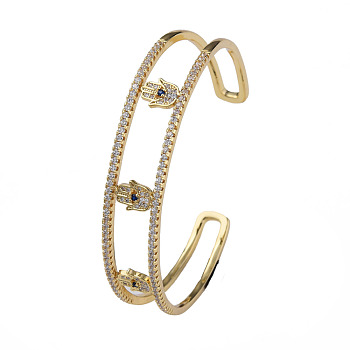 Cubic Zirconia Hamsa Hand Open Cuff Bangle, Real 18K Gold Plated Brass Jewelry for Women, Blue, Inner Diameter: 2-3/8 inch(5.9cm)