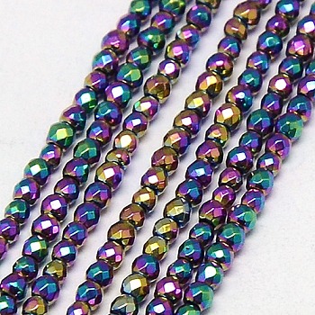 Electroplate Non-magnetic Synthetic Hematite Beads Strands, Faceted, Round, Grade A, Multi-color Plated, 3mm, Hole: 1mm, about 127pcs/strand, 16 inch