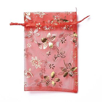 Organza Drawstring Jewelry Pouches, Wedding Party Gift Bags, Rectangle with Gold Stamping Flower Pattern, Red, 15x10x0.11cm