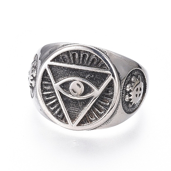 304 Stainless Steel Signet Rings for Men, Wide Band Finger Rings, All Seeing Eye, Antique Silver, Size 7~12, 17~22mm