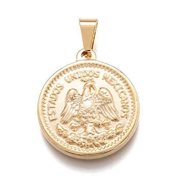 304 Stainless Steel Coin Pendants, Flat Round with Word Estados Unidos Mexicanos 50 Pesos, Golden, 29x25x4mm, Hole: 5x7.5mm