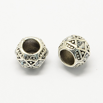Alloy Rhinestone European Beads, Rondelle Large Hole Beads, Antique Silver, Crystal, 11x8~9mm, Hole: 5~6mm