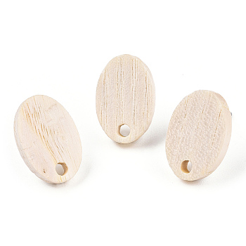 Ash Wood Stud Earring Findings, with 304 Stainless Steel Pin, Oval, 15.5x10.5mm, Hole: 1.8mm, Pin: 0.7mm