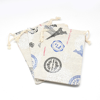 Printed Polycotton(Polyester Cotton) Packing Pouches Drawstring Bags, Wheat, 14x10cm
