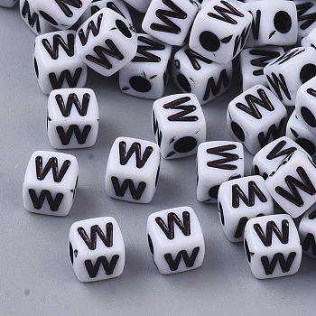 White Opaque Acrylic Beads, Horizontal Hole, Cube with Black Alphabet, Letter.W, 4~5x4~5x4~5mm, Hole: 1.8mm, about 6470~6500pcs/500g