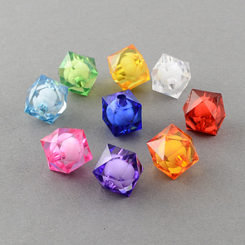 Transparent Acrylic Beads, Bead in Bead, Faceted Cube, Mixed Color, 14x14x14mm, Hole: 2mm, about 350pcs/500g