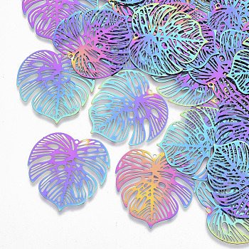 Ion Plating(IP) 201 Stainless Steel Filigree Pendants, Etched Metal Embellishments, Tropical Leaf Charms, Monstera Leaf, Rainbow Color, 32x32x0.3mm, Hole: 1.2mm