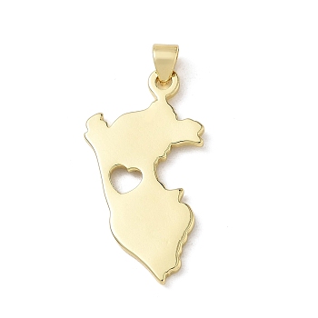 Brass Pendants, Map with Heart Charms, Long-Lasting Plated, Rack Plating, Lead Free & Cadmium Free, Real 18K Gold Plated, 31x17x2mm, Hole: 5x3mm