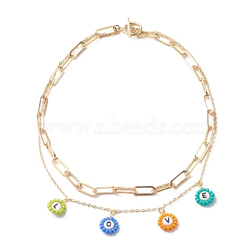 Love Flat Round Charm Layered Necklace for Teen Girl Women, Brass Cable & Paperclip Chain Necklace, Golden, 16.81 inch(42.7cm)(X1-NJEW-TA00011)