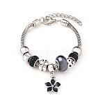 European Style Zinc Alloy Enamel & 201 Stainless Steel & Plastic & Rhinestone Charm Bracelets, Flower, Platinum, Black, 7-1/4 inch(18.5cm)(FS-WG22A2C-02)